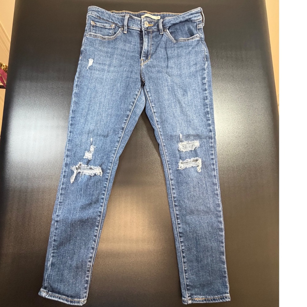 Levis 711 Skinny Distressed Jeans Womens 30x28 Medium Wash Blue Ripped Denim J5